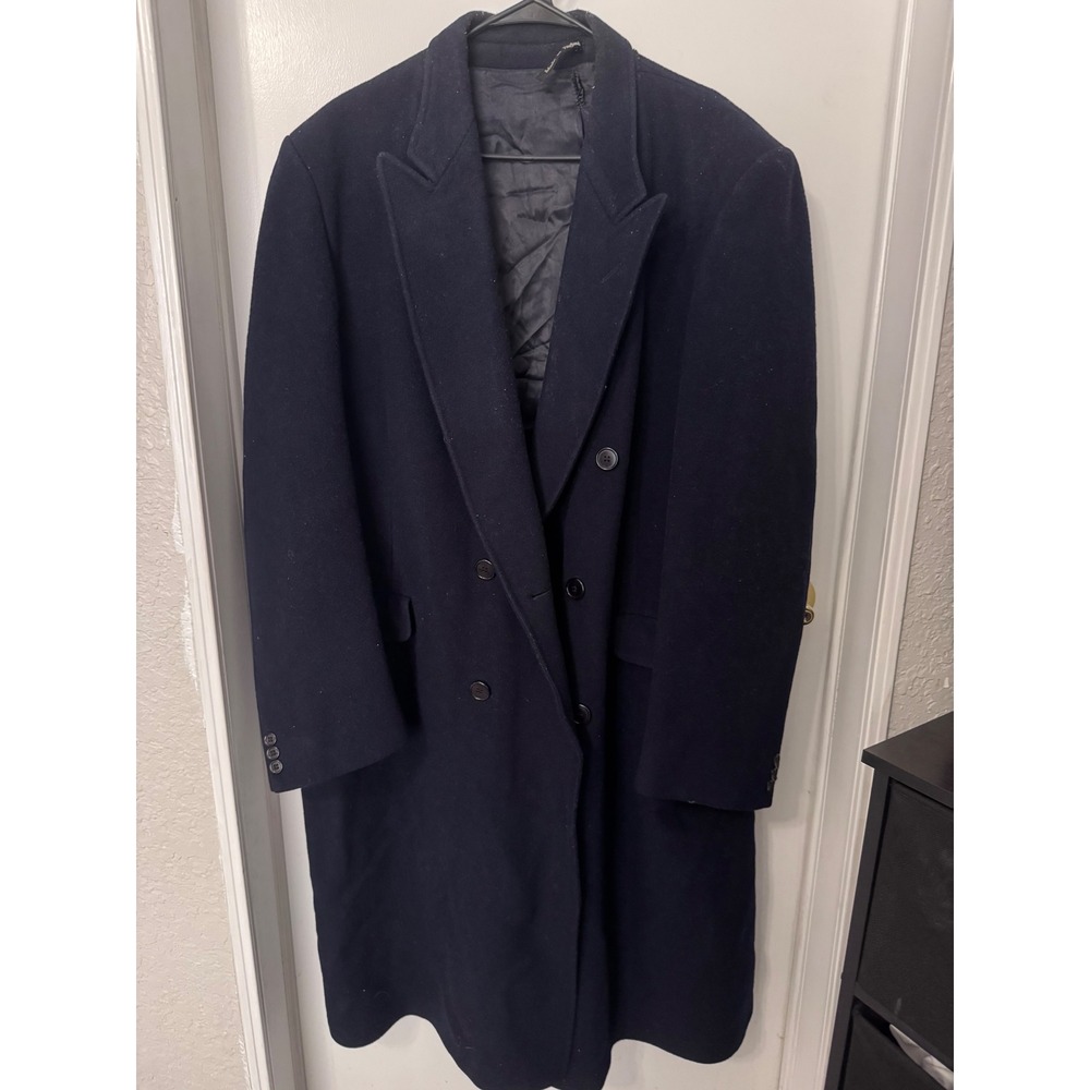 Lord & Taylor Mens Navy Blue Pure New Wool Double Breasted Overcoat England 44L